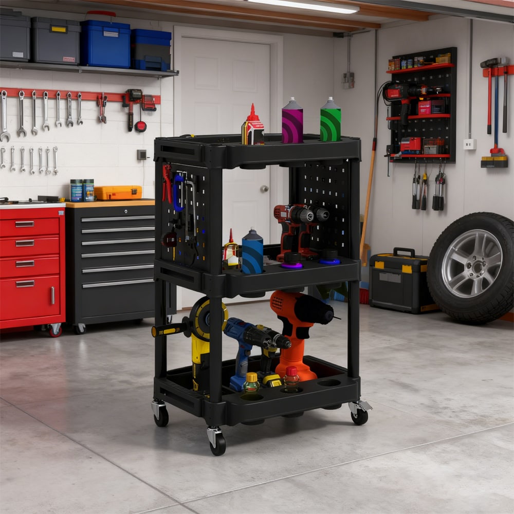 3-Tier Rolling Tool Cart, 200 LBS Capacity Plastic Utility Cart With Side Shelves For Garage, Workshop, Black_voghion.com